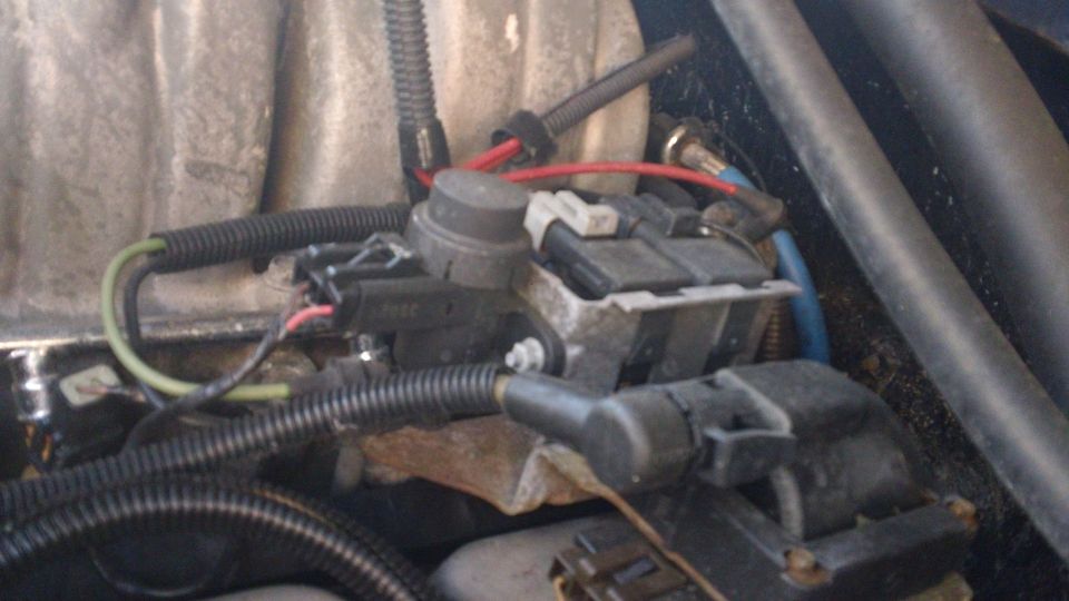 Close-up of engine wiring harness and electrical connectors
