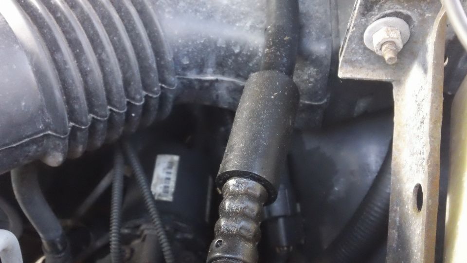 Close-up of engine bay hoses and air intake tube