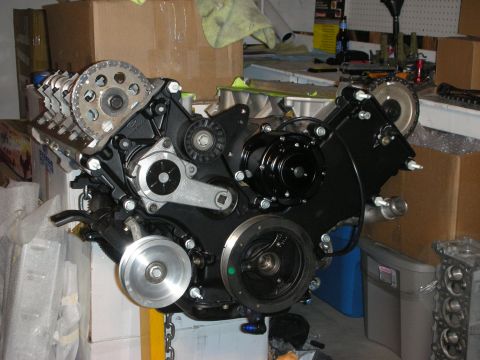 1992 Ford Crown Victoria - Engine assembly Trick Flow heads and cam, with timing chain and water pump visible.