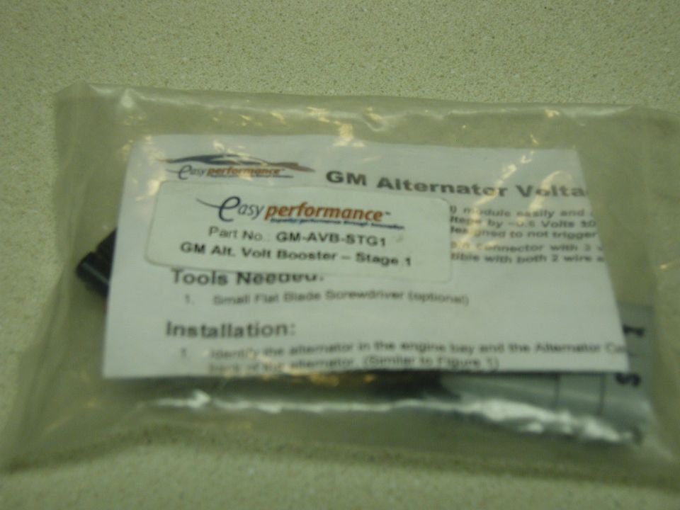 Easy Performance GM-AVB-STG1 alternator voltage booster in bag with instruction sheet