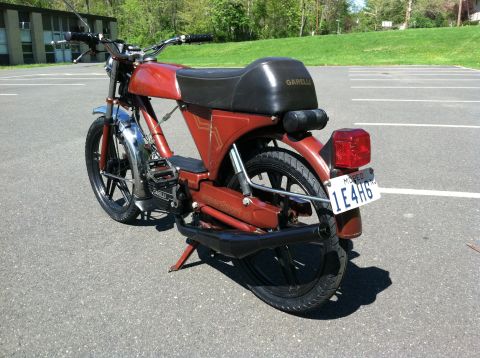 1981 Garelli Rally Sport - Rear view of a red moped with a black seat and a license plate reading 1E4H6.