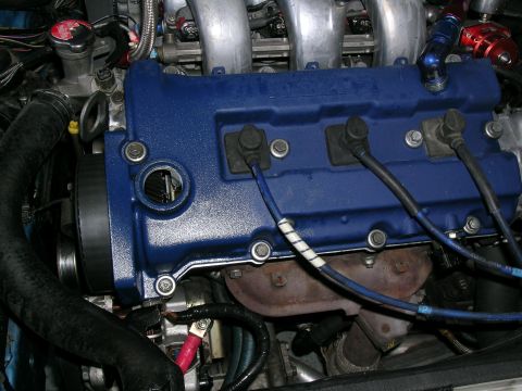 1995 Ford Probe - Close-up of an engine's blue valve cover, intake manifold, and spark plug wires.
