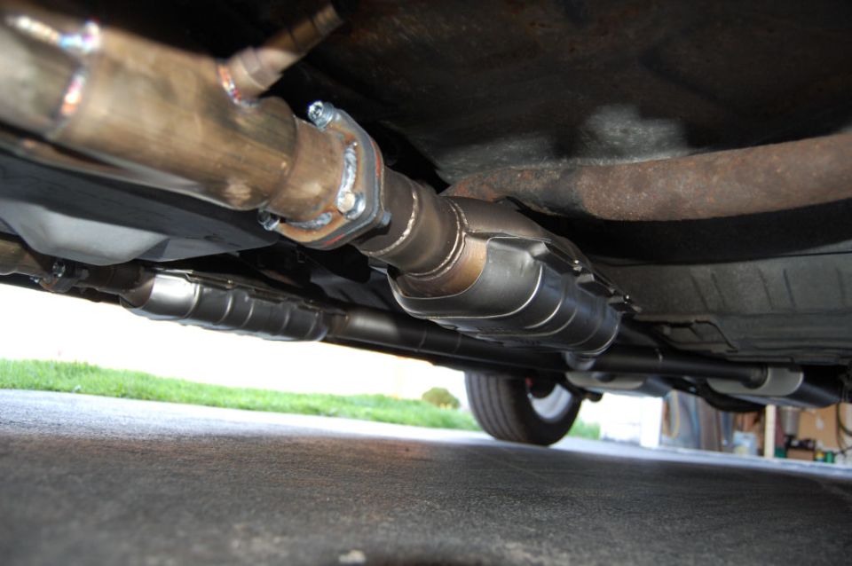 Underneath view of exhaust system and catalytic converter