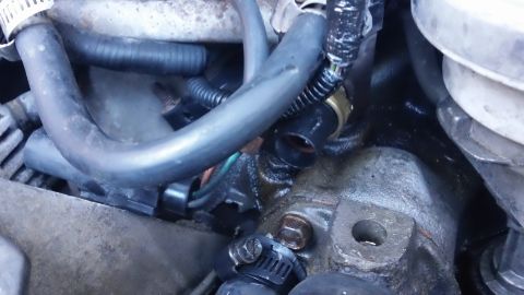 1994 Ford Bronco - Close-up view of engine components, including hoses and a sensor, with visible signs of fluid leakage.