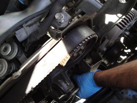 1995 Ford Taurus - A close-up view of engine components, including a timing belt and pulley, with a hand in a blue glove working on the mechanism.