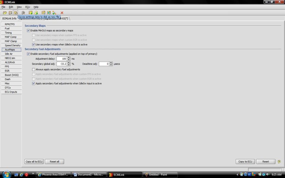 ECMLink tuning software screenshot showing AuxMaps secondary fuel adjustment settings