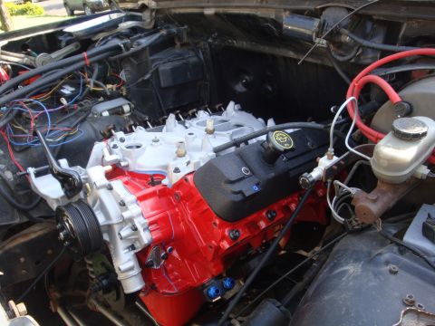 1989 Ford Bronco - Engine bay view a red engine block and a black valve cover with a Ford logo.