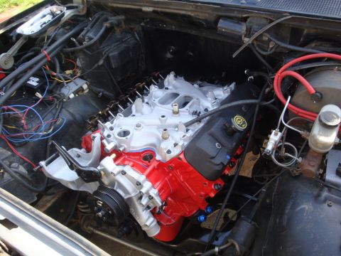 1989 Ford Bronco - Engine bay with a red and silver engine, wiring, and hoses visible.