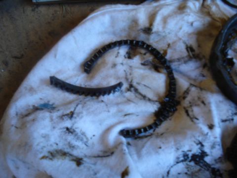 1989 Ford F-250 - A broken timing chain lies on a stained white cloth, indicating a drivetrain issue.