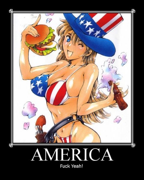 2000 Mercury Grand Marquis - This image features an anime-style illustration of a woman dressed in a patriotic bikini and hat, holding a hamburger and a firearm.