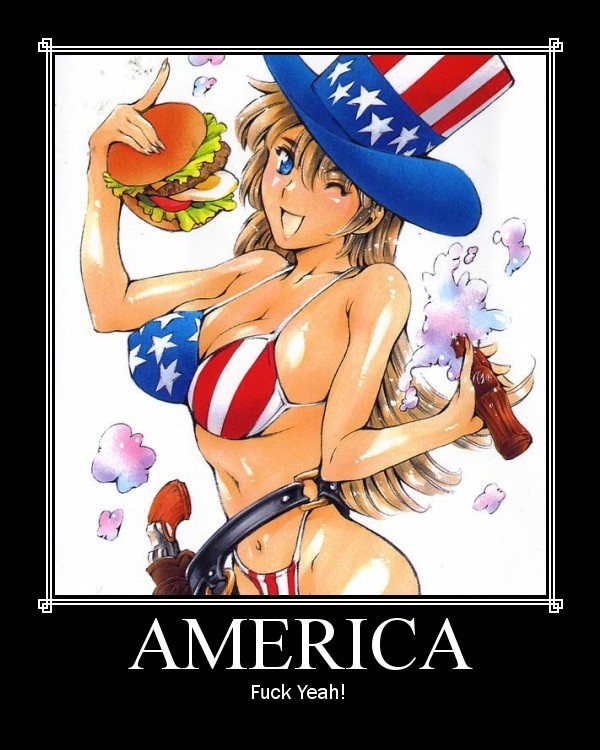 Anime woman in patriotic bikini holding a burger and a gun