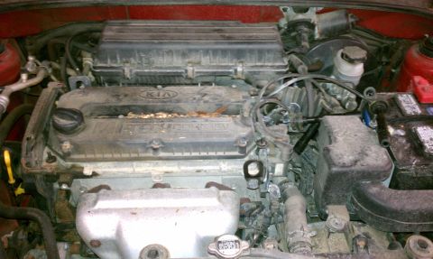 1999 Ford Expedition - Close-up view of a dusty Kia engine, highlighting the valve cover and surrounding components.