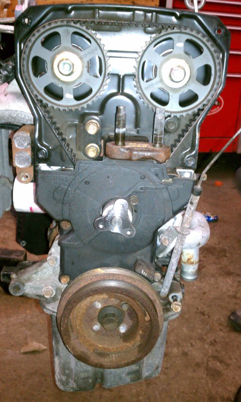 1999 Ford Expedition - Close-up view of an engine's timing belt and associated pulleys.