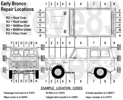 1976 Ford Bronco - Early Bronco Repair Locations Grid Same style as Ford uses for modern vehicles. For fullsize Bronco, see: [url=http://www.supermotors.net/r…