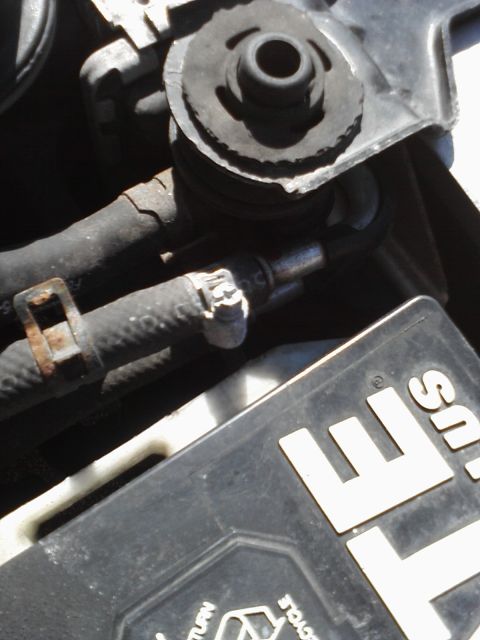 2000 Ford Crown Victoria - Close-up view of engine components, including hoses and a black plastic cover with visible text.