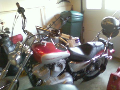 2004 Harley-Davidson Sportster Custom - A red and silver 2004 Harley-Davidson Sportster Custom motorcycle is parked in what appears to be a garage.