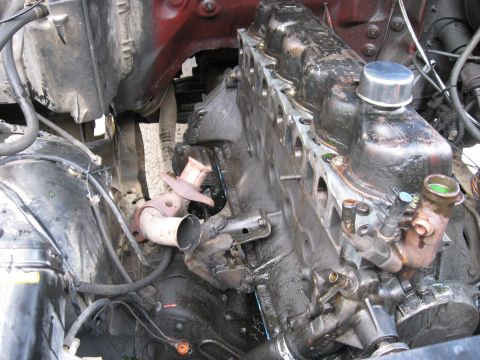 1981 Ford Bronco - Close-up view of a vehicle's engine bay, showing the engine block and associated components.