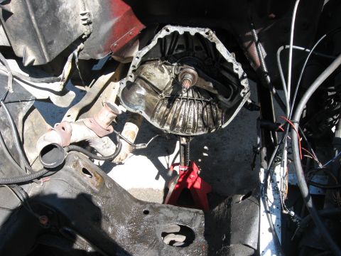 1981 Ford Bronco - The transmission housing and exhaust components are visible in this engine bay shot.