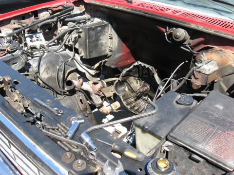 1981 Ford Bronco - The engine bay of a red vehicle shows the transmission has been removed, with various tools laid out on the grille.