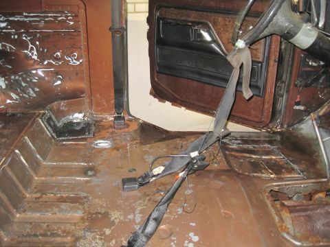 1979 Ford Bronco - The interior of this vehicle shows significant rust damage on the floor and lower door panels.