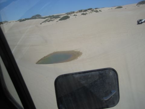 1989 Ford Bronco - View of sand dunes and a distant SUV from inside a vehicle, with a small pond visible.