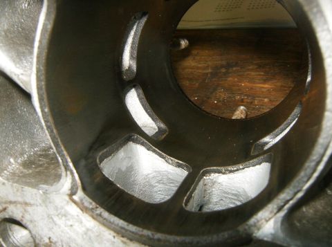 2000 Ford E350 - Close-up view of an engine cylinder's internal structure, showing machined surfaces and ports.