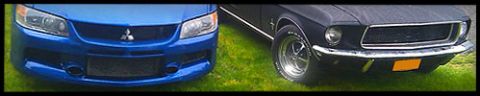 2006 Mitsubishi Evolution - A blue Mitsubishi Lancer Evolution IX is parked next to a black Ford Mustang.