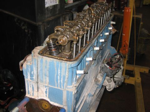 1998 Ford Crown Victoria - blue-painted inline engine block on a workshop stand with its full row of rocker arms and valve springs exposed.