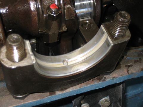 1998 Ford Crown Victoria - fresh white main bearing shell seated in an engine block main bearing cap held by studs and bolts.