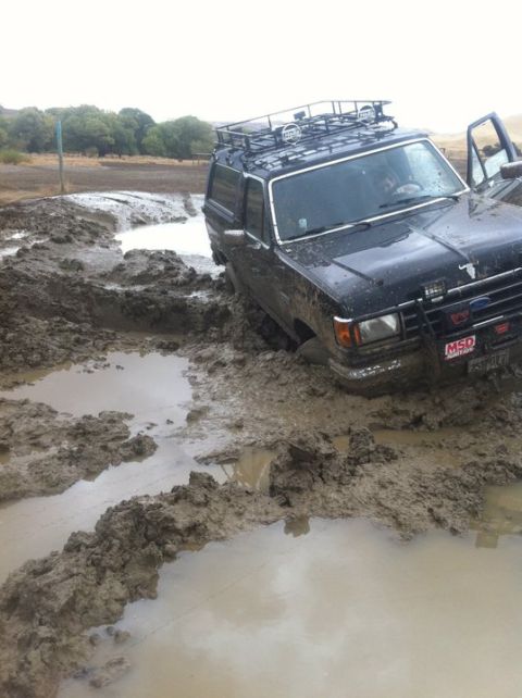 1990 Ford Bronco - A black Ford Bronco is deeply stuck in thick mud, with its driver's door ajar.