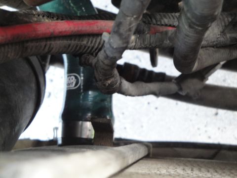 1995 Ford Taurus - Close-up of engine wiring harness and a green coolant hose, likely from a vehicle's engine bay.