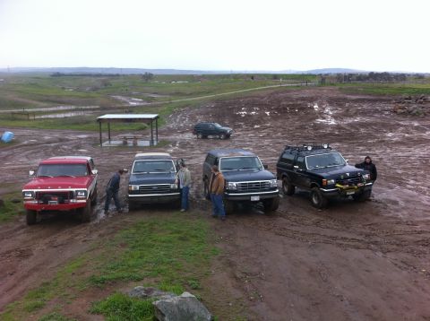 1990 Ford Bronco - Several Broncos and an SUV are parked in a muddy, outdoor area with a picnic shelter in the background.