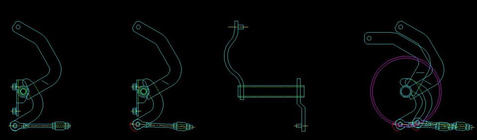 CAD line drawing of a suspension bracket linkage shown in multiple views