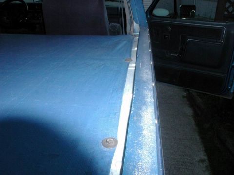 1985 Ford Bronco - The cargo area of a vehicle is covered by a blue tarp, with the interior and door visible.