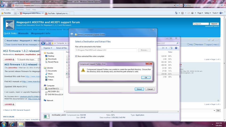 Computer screen showing a "Compressed (zipped) Folders Error" message