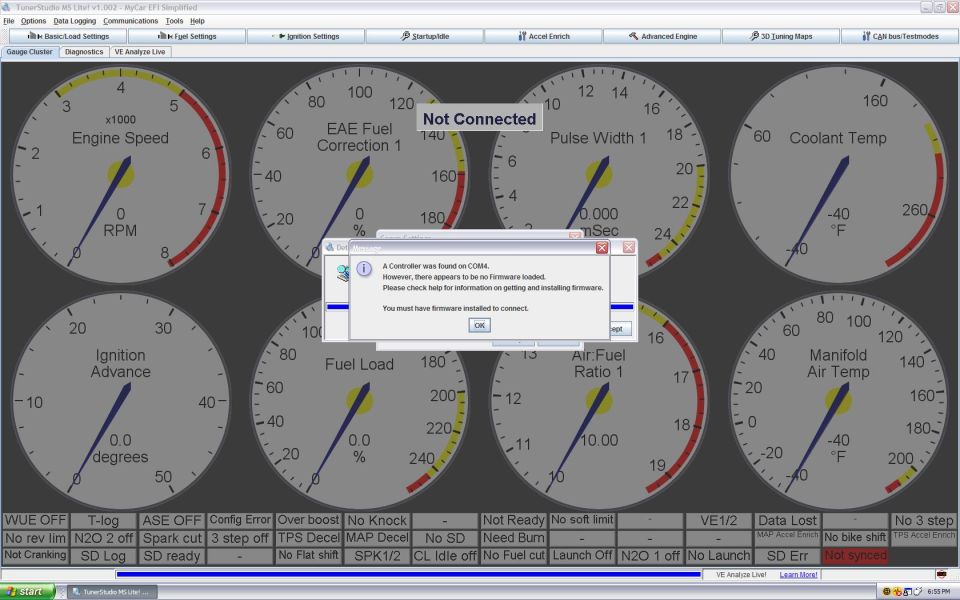 Gauge cluster showing engine speed, fuel correction, pulse width, coolant temp, ignition advance, fuel load, air fuel ratio, and manifold air temp with a firmware error message