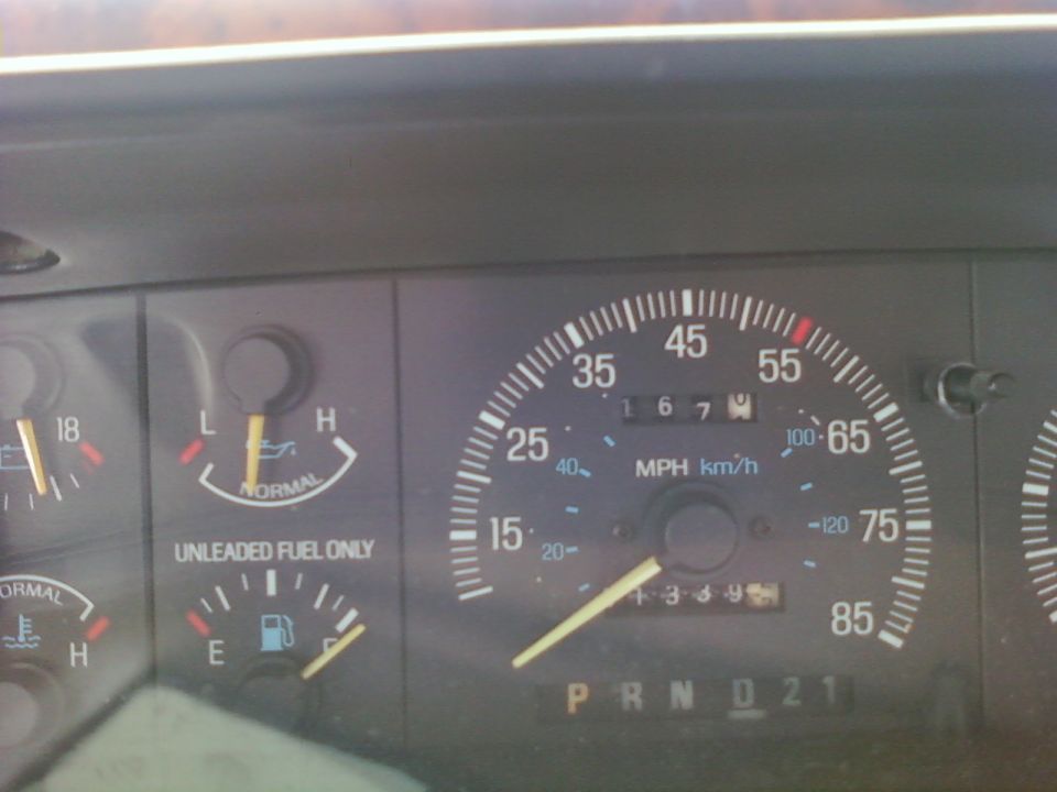 Dashboard gauges with speedometer, fuel, oil, and temperature indicators