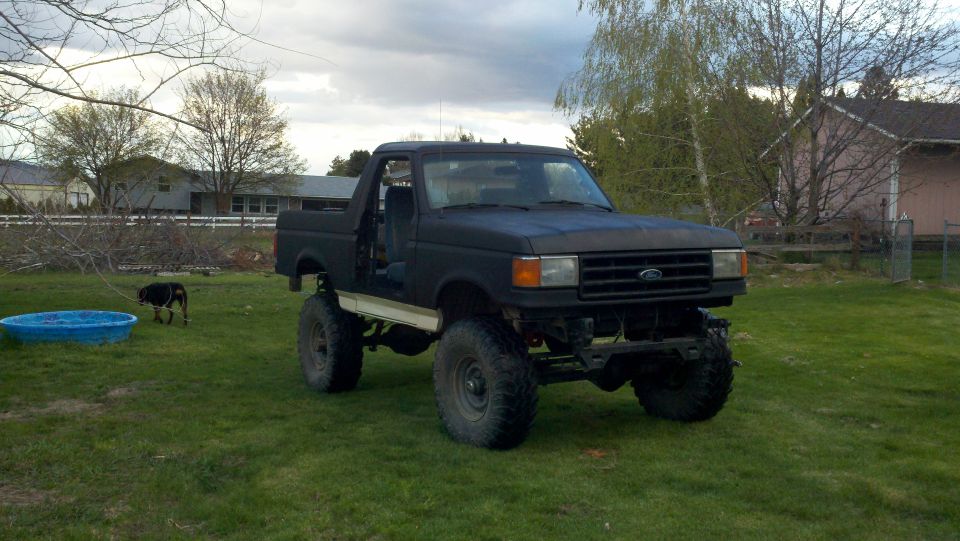Lifted black Ford Bronco with doors removed, parked on grass. Dog and kiddie pool in background
