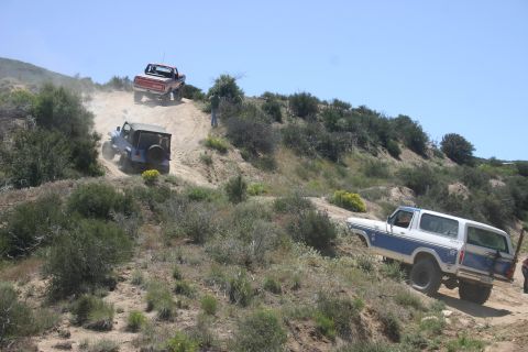 1991 Ford Bronco - Multiple off-road vehicles navigate a challenging dirt trail on a sunny day.