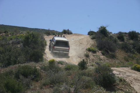 1991 Ford Bronco - A white 1991 Ford Bronco navigates an off-road trail, kicking up dust as it ascends a steep dirt incline.