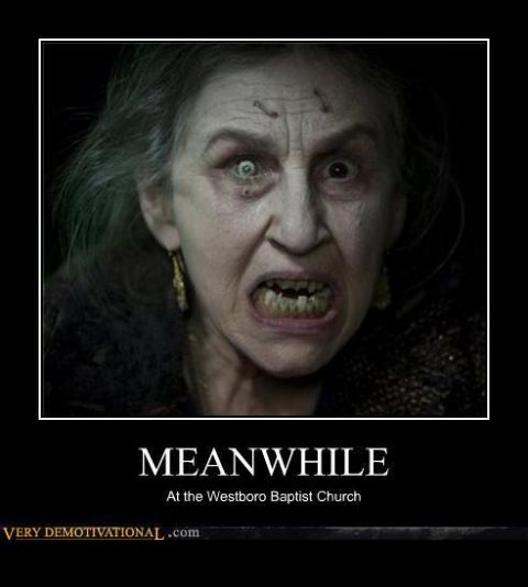 2000 Mercury Grand Marquis - A disturbing image of an elderly woman with a terrifying grimace is presented with text referencing the Westboro Baptist Church.