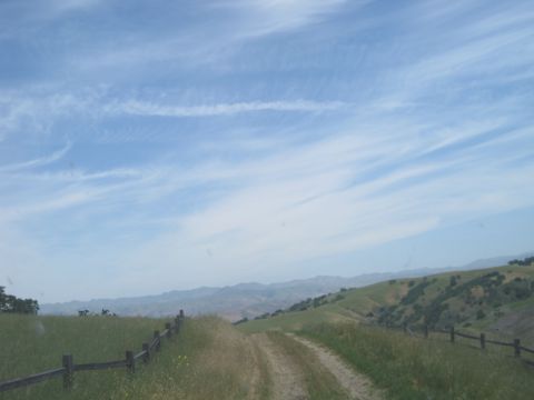 1989 Ford Bronco - A dirt road winds through rolling green hills under a vast sky with wispy clouds.