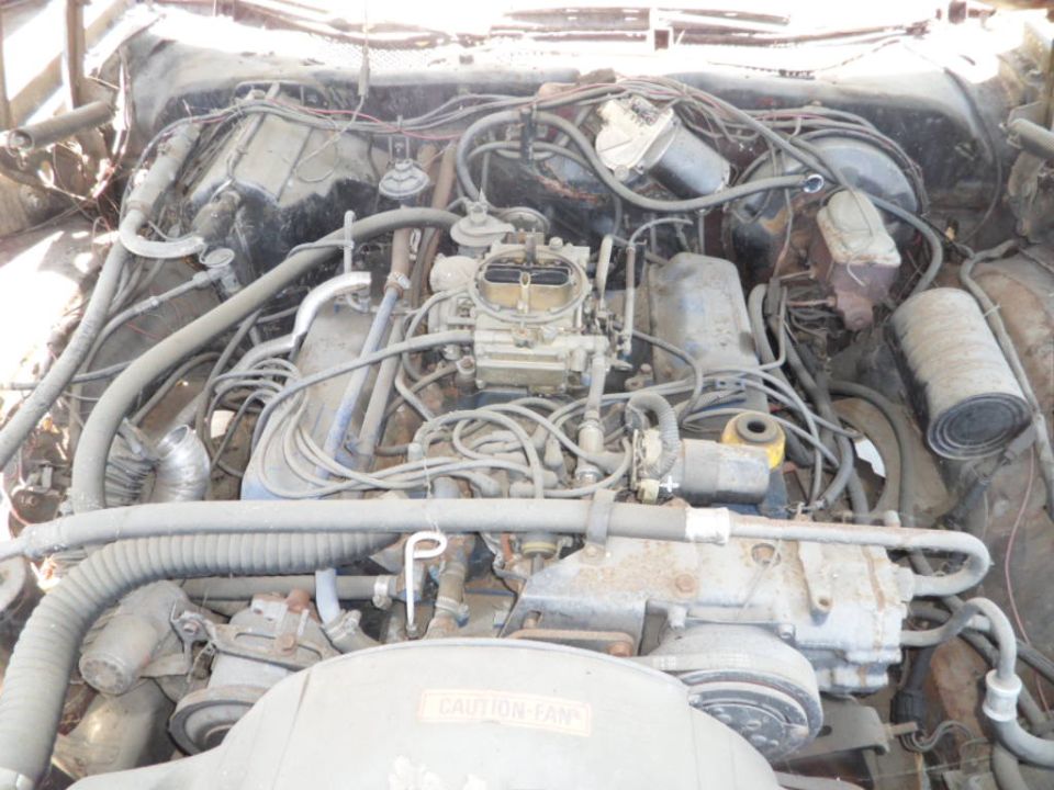 Engine bay with carburetor and various hoses. "CAUTION FAN" text visible on fan shroud