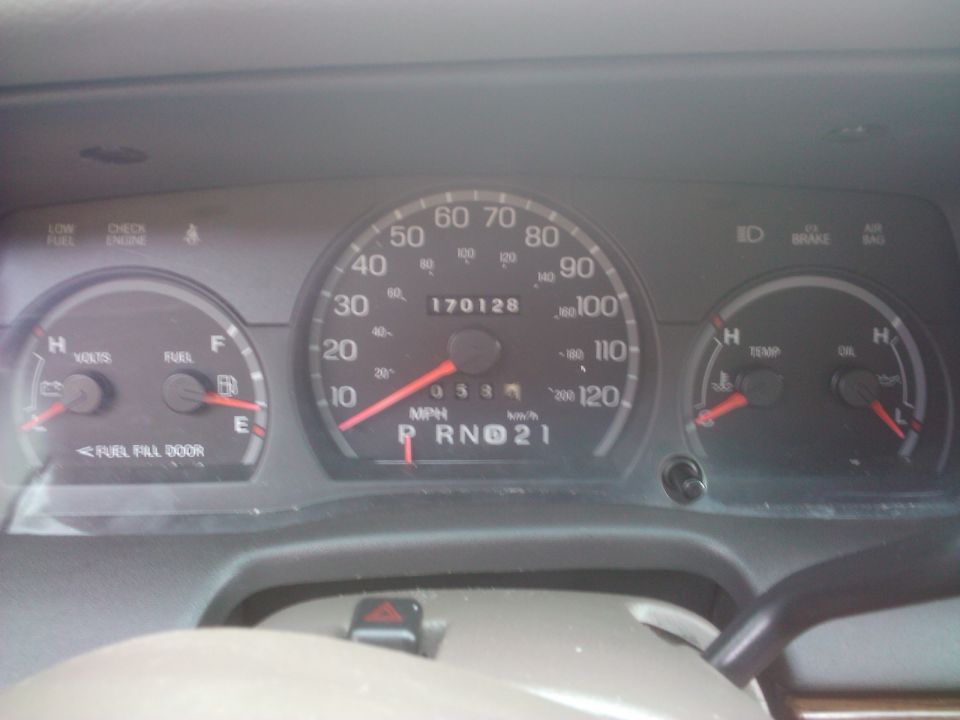 Car dashboard with speedometer, fuel gauge, temperature gauge, and oil gauge. Odometer reads 170128