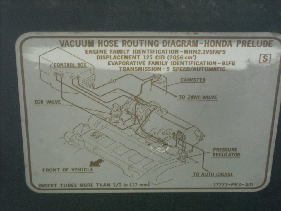 Honda Prelude underhood vacuum hose routing diagram label