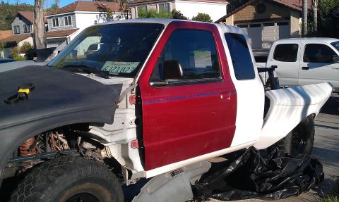 1992 Ford Ranger - This 1992 Ford Ranger is undergoing repairs or modifications, missing its front end components.