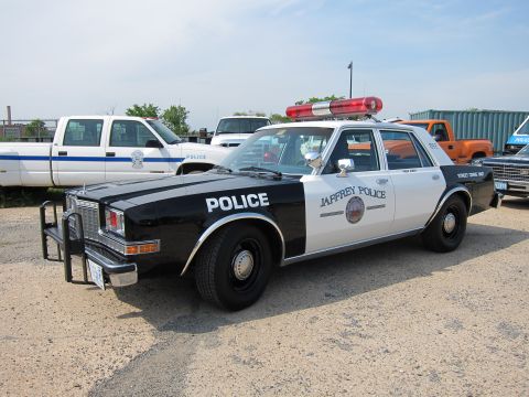 1991 Ford LTD Crown Victoria - black-and-white sedan marked 'POLICE' and 'JAFFREY POLICE' with a brush guard and red roof beacon on a gravel lot.
