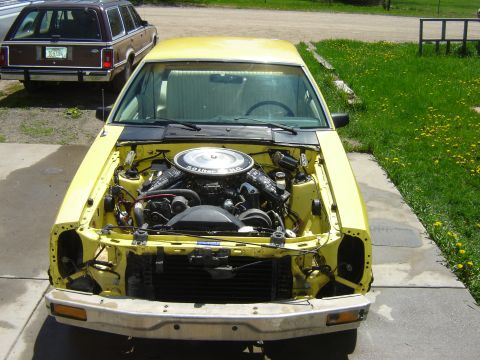 1979 Ford Mustang - Front view of a 1979 Ford Mustang with hood open, showing the engine.