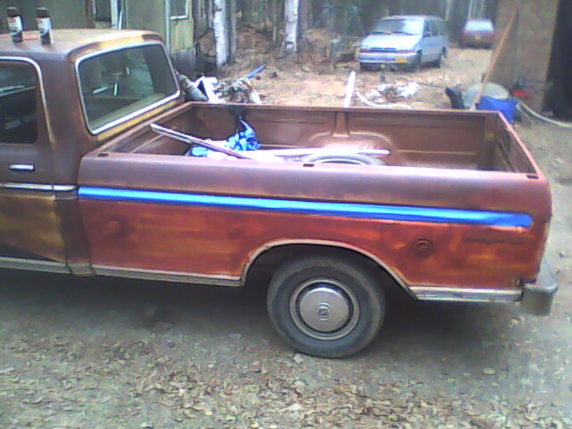 Brown and red 1975 Ford F-150 pickup truck with blue stripe, rusty condition, side view