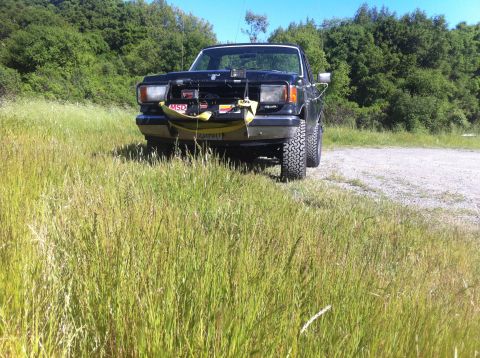 1990 Ford Bronco - A black Ford F-Series truck is parked in a grassy field under a clear blue sky.
